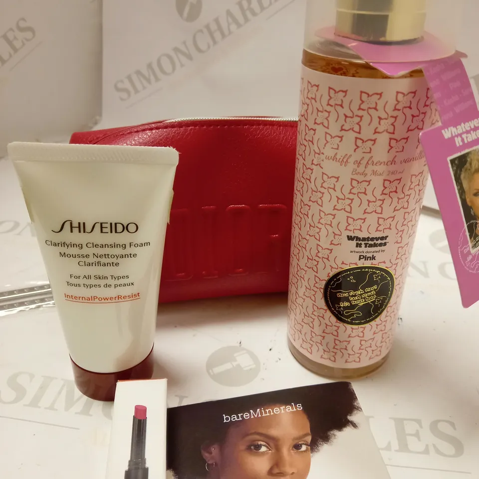 LOT OF 4 ITEMS INCLUDING WHATEVER IT TAKES PINK BODY MIST, DIOR BAG, SHISEIDO CLARIFYING CLEANSING FOAM