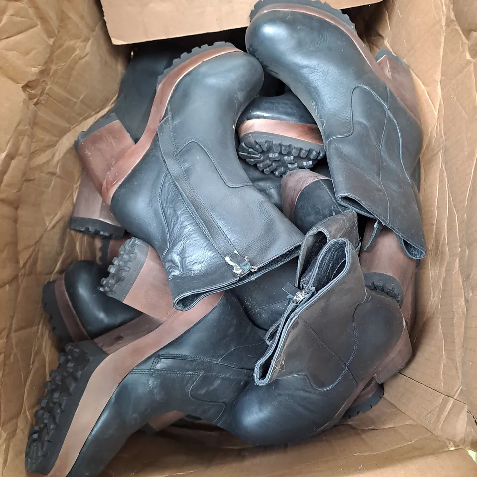 BOX OF APPROXIMATLY 6 WOODEN BOTTOM LEATHER BOOT VARIOUS SIZES 