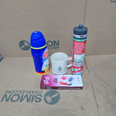 TOTE OF APPROXIMATELY 15 ASSORTED HOUSEHOLD ITEMS TO INCLUDE SILICONE SEALANT, AIR UP WILD BERRY, CHRISTMAS CUP, ELBOW GREASE TOILET CLEANER ETC