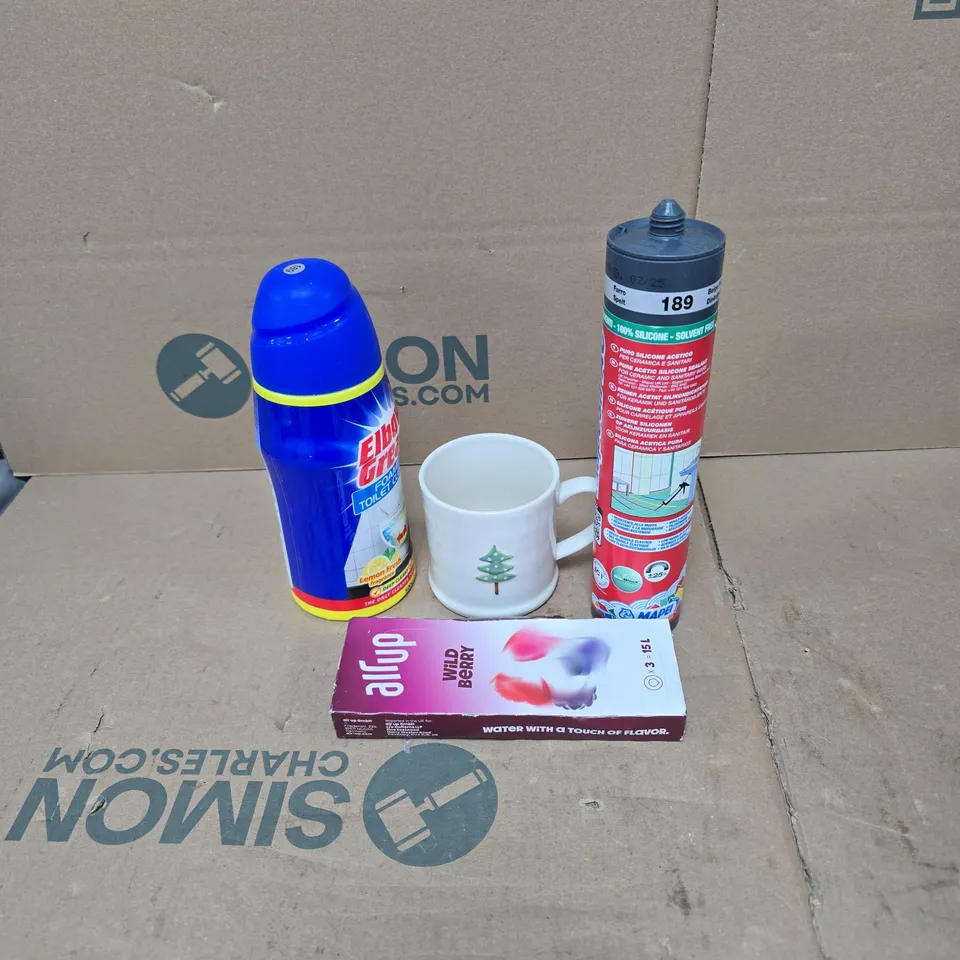 TOTE OF APPROXIMATELY 15 ASSORTED HOUSEHOLD ITEMS TO INCLUDE SILICONE SEALANT, AIR UP WILD BERRY, CHRISTMAS CUP, ELBOW GREASE TOILET CLEANER ETC