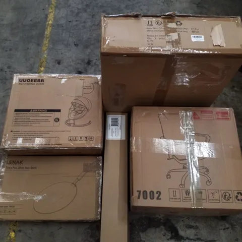 PALLET CONTAINING ASSORTED PRODUCTS INCLUDING OFFICE CHAIR, ROTISSERIE KIT WITH PIZZA RING, SANITISER DISPENSER DOOR HANDLE, TAWA PAN 30CM NON-STICK & AUTO SWING CHAIR 