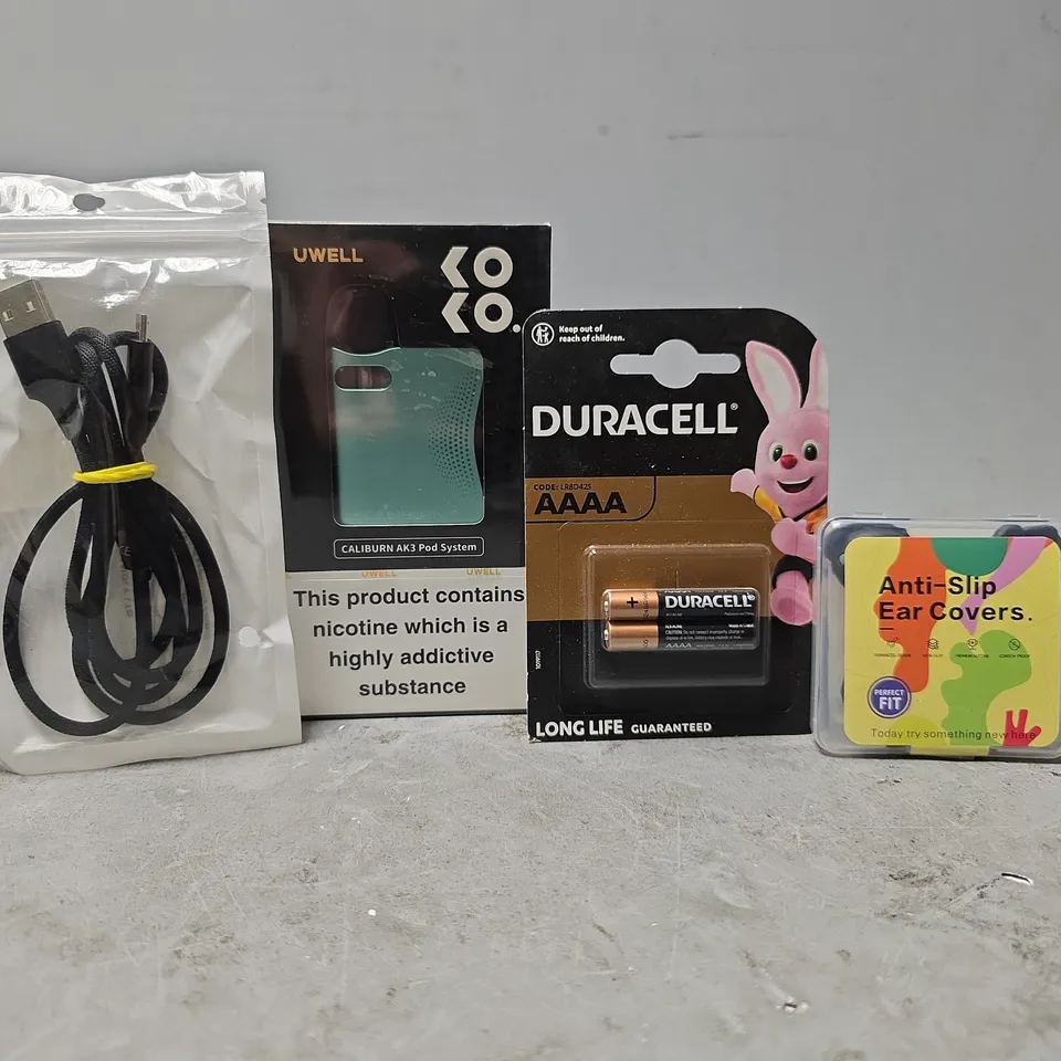 BOX OF APPROXIMATELY 20 ASSORTED BROKEN ITEMS TO INCLUDE - DURACELL AAAA , ANTI SLIP EAR COVERS , UWELL CALIBURN ETC