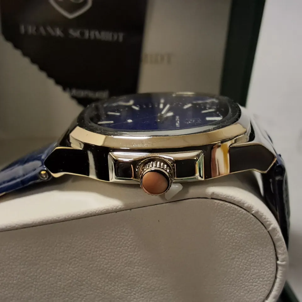 FRANK SCHMIDT STAINLESS STEEL BLUE FACED GENTS WATCH WITH BLUE LEATHER STRAP 