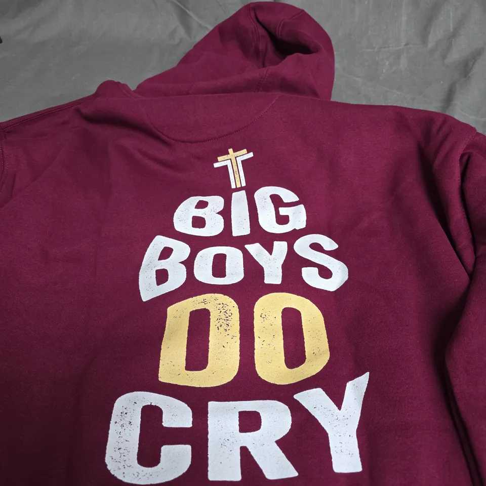 TATTOOS + TEARS HOODIE – BURGUNDY WITH 'BIG BOYS DO CRY' BACK GRAPHIC - XL