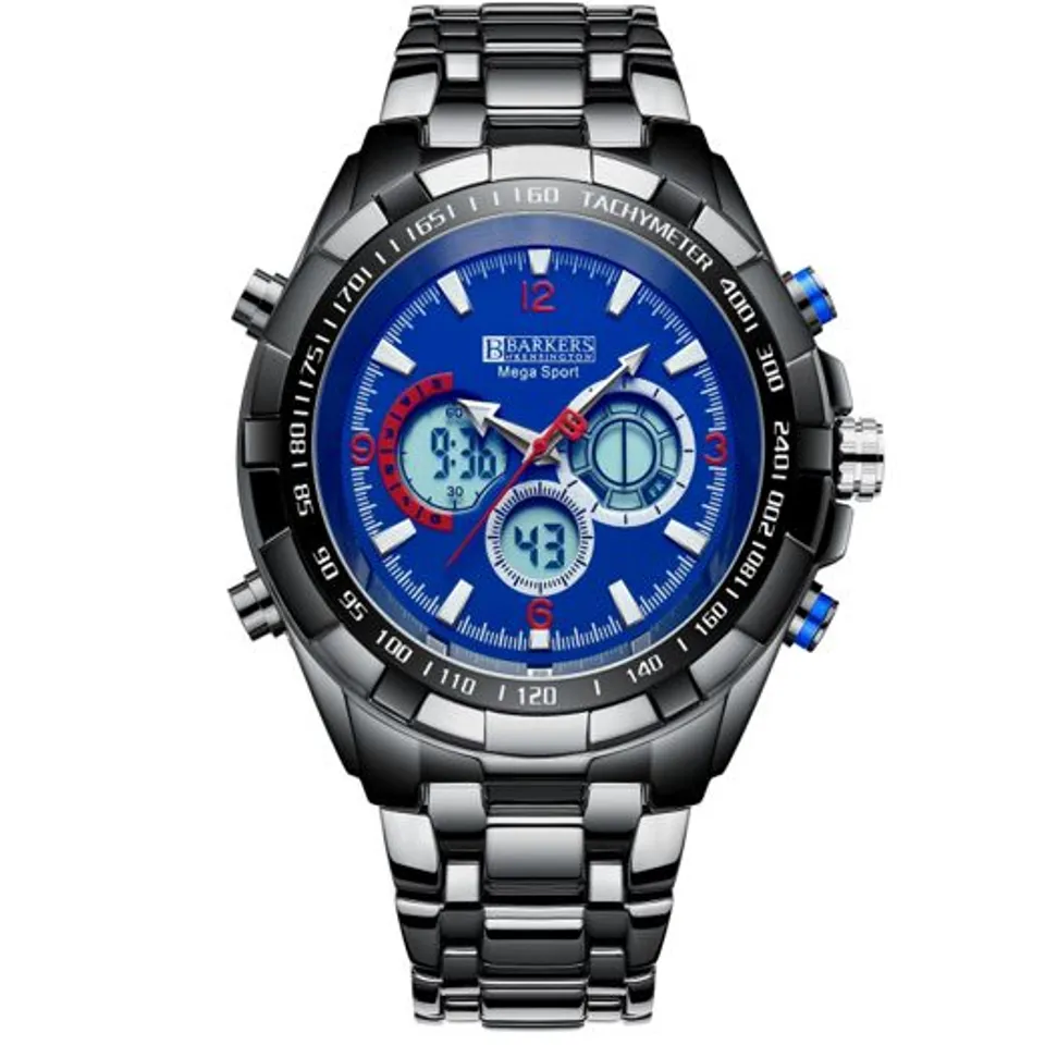 BARKERS OF KENSINGTON MEN’S TACHYMETER MEGA SPORT TRIPLE DIAL BLACK BRACELET STRAP WRISTWATCH