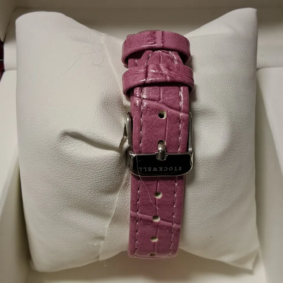 STOCK WELL RECTANGULAR STAINLESS STEEL LADIES WATCH WITH PINK LEATHER STRAP IN GIFT BOX