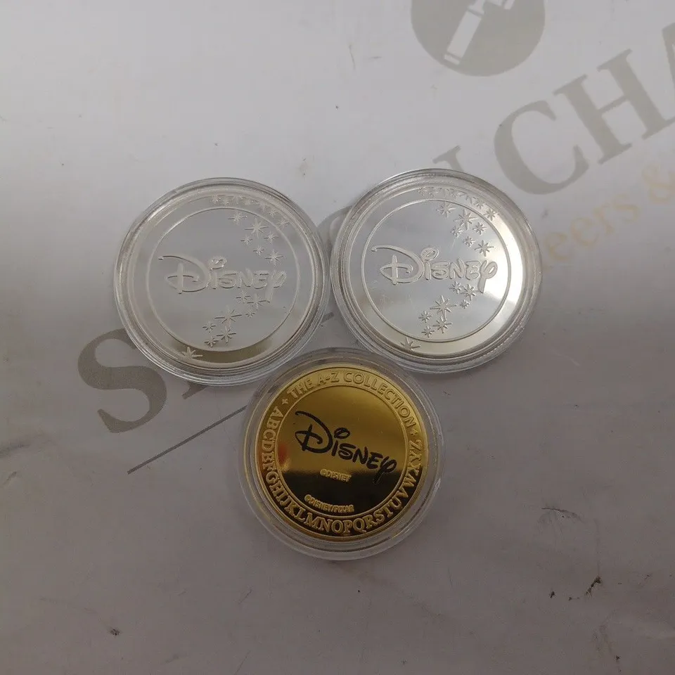 THREE DISNEY COLLECTABLE COINS INCLUDING JASMINE, SULLEY AND STITCH