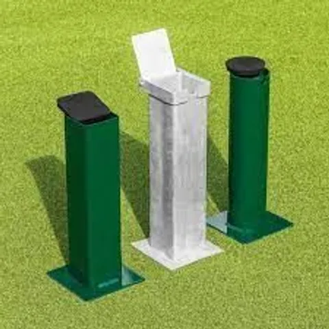 BOXED PAIR OF STEEL FLIP TOP GROUND SOCKETS 76mm SQUARE TENNIS POSTS