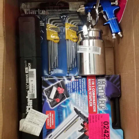 BOX CONTAINING ASSORTED SCRAP ITEMS INCLUDING 2 IN 1 COMBINATION NAILER/STAPLER, 3 PIECE EXTRA LONG HEX/TORX KEY SET & 1/2" DRIVE REVERSIBLE HEAD TORQUE WRENCH 