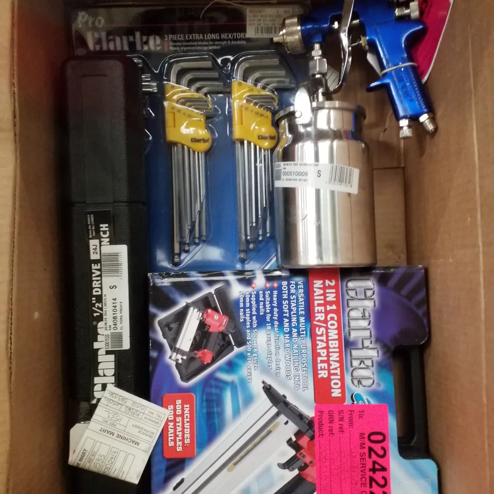BOX CONTAINING ASSORTED SCRAP ITEMS INCLUDING 2 IN 1 COMBINATION NAILER/STAPLER, 3 PIECE EXTRA LONG HEX/TORX KEY SET & 1/2" DRIVE REVERSIBLE HEAD TORQUE WRENCH 