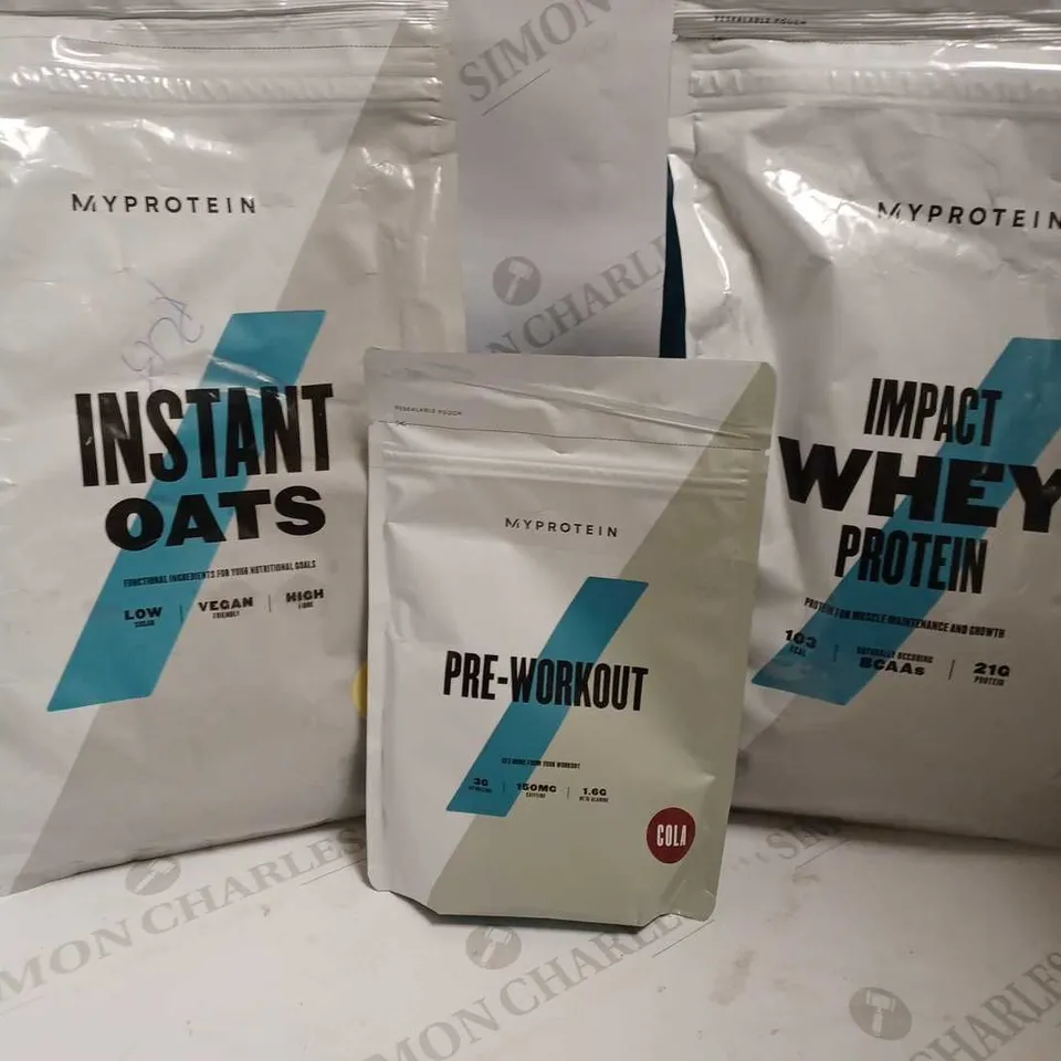 BOX OF 3 MYPROTEIN ITEMS TO INCLUDE INSTANT OATS, PRE-WORKOUT AND IMPACT WHEY PROTEIN