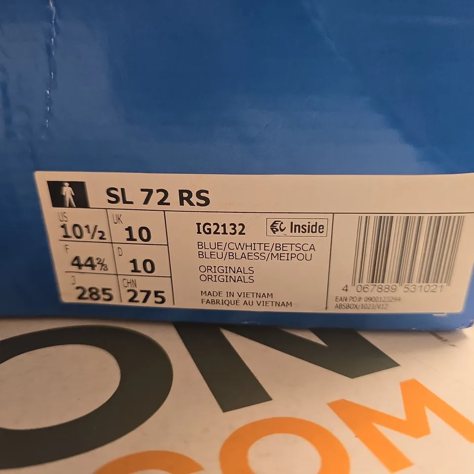BOXED PAIR OF ADIDAS ORIGINALS SL72 RS SNEAKERS – BLUE/WHITE, UK 10