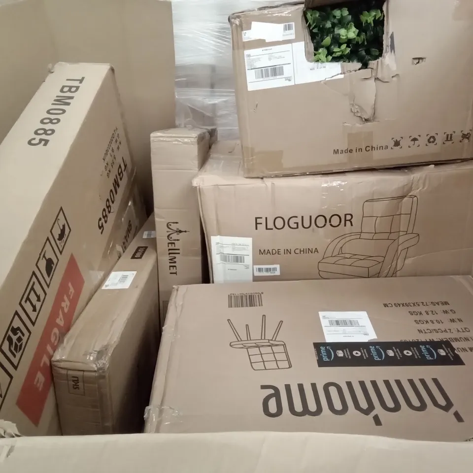 PALLET OF ASSORTED ITEMS INCLUDING FOLDABLE HAND TRUCK, FIREPLACE, HOMIDEC WORKDESK, HNNHOME CHAIR, ARTIFICAL PLANT, FLOGUOOR CHAIR