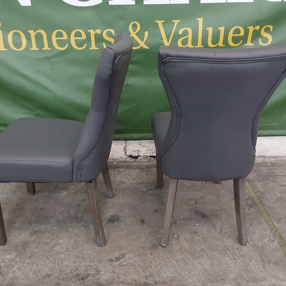 PAIR UPHOLSTERED BUTTONED BACK DINING CHAIRS GREY PU ON SILVERED LEGS 