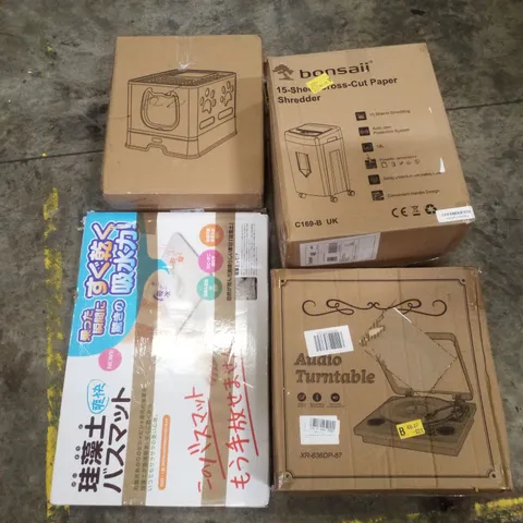PALLET CONTAINING ASSORTED PRODUCTS INCLUDING PAPER SHREDDER, AUDIO TURNTABLE, CAT LITTER BOX & STONE BATH MAT