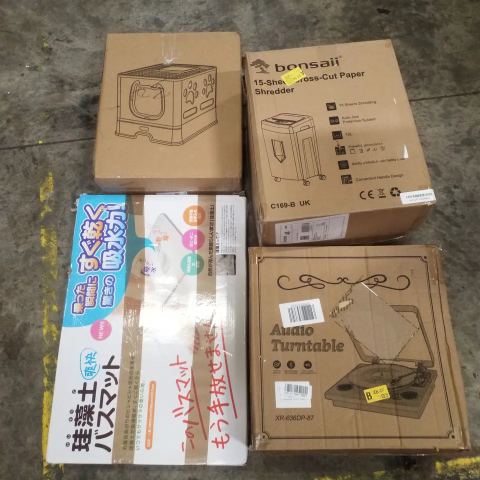 PALLET CONTAINING ASSORTED PRODUCTS INCLUDING PAPER SHREDDER, AUDIO TURNTABLE, CAT LITTER BOX & STONE BATH MAT