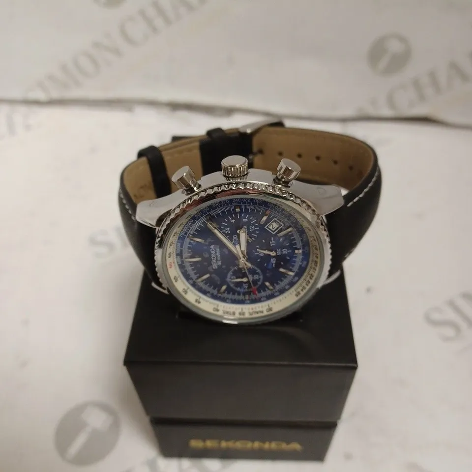 BOXED SEKONDA WATCH - JAPAN MOVEMENT - STAINLESS STEEL BACK - LEATHER STRAP - WATER RESISTANT 50M - SUB DIAL. 