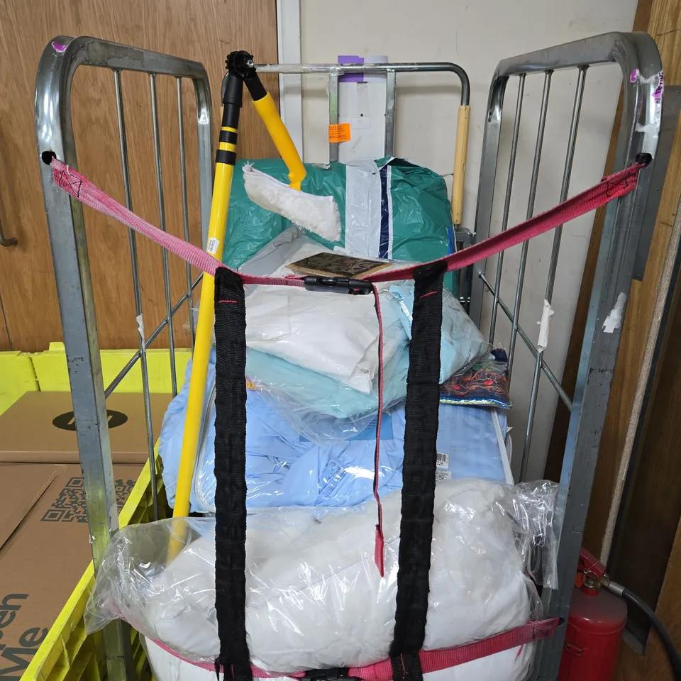 CAGE OF APPROXIMATELY 10 ASSORTED ITEMS INCLUDING SIDE TABLE , ROLSON REACH WINDOW CLEANER AND WELCOME HOME DOOR MAT 