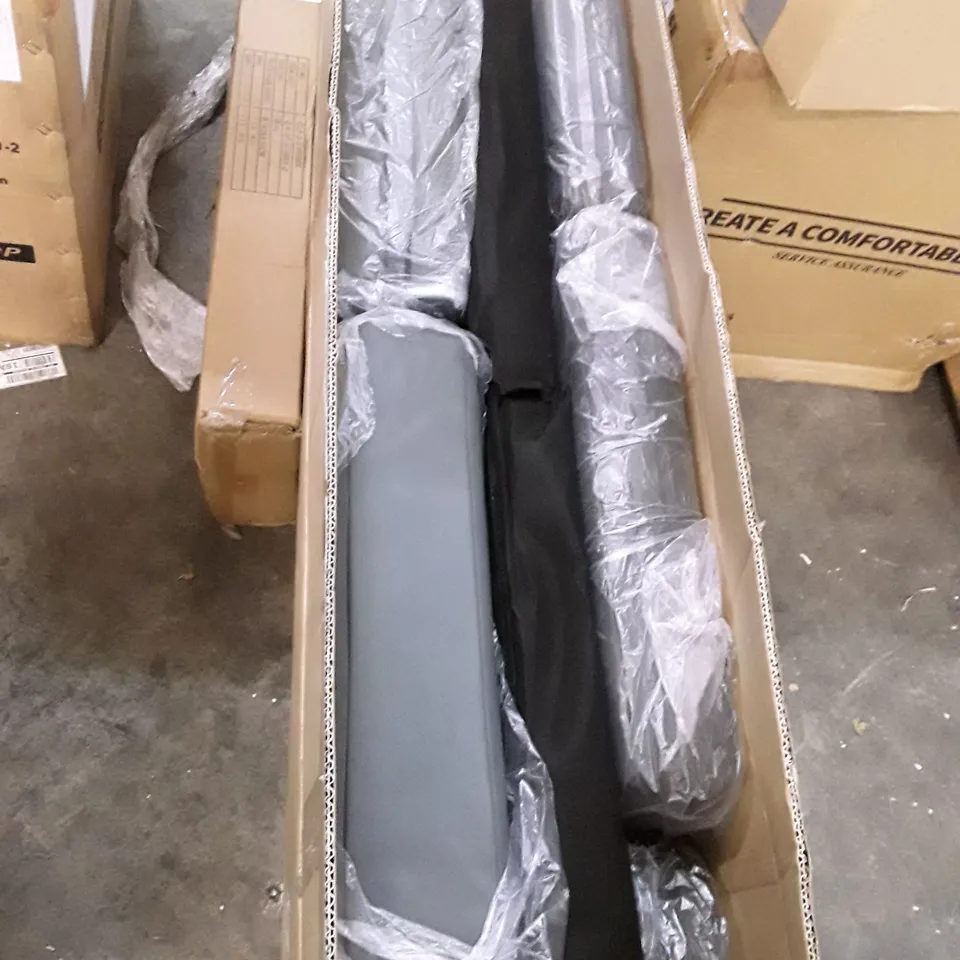 BOXED GREY LEATHER METAL FRAME SOFA (2 BOXES)