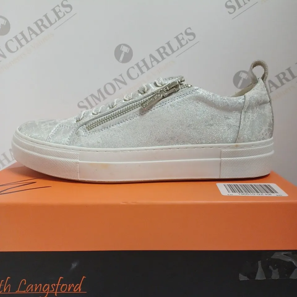 BOXED RUTH LANGSFORD ZIP DETAIL TRAINERS, SILVER - SIZE 8