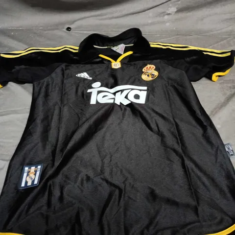 REAL MADRID FOOTBALL SHIRT – ADIDAS, TEKA SPONSOR, BLACK WITH YELLOW TRIM SIZE M