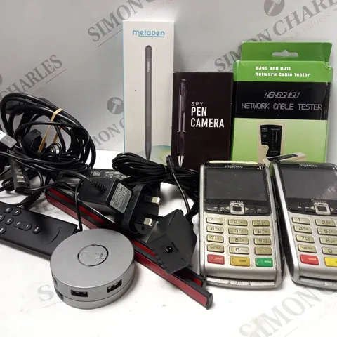 BOX OF APPROX 15 ASSORTED ELECTRICAL ITEMS TO INCLUDE SPY PEN CAMERA, NETWORK CABLE TESTER, DELL MOBILE ADAPTER, ETC