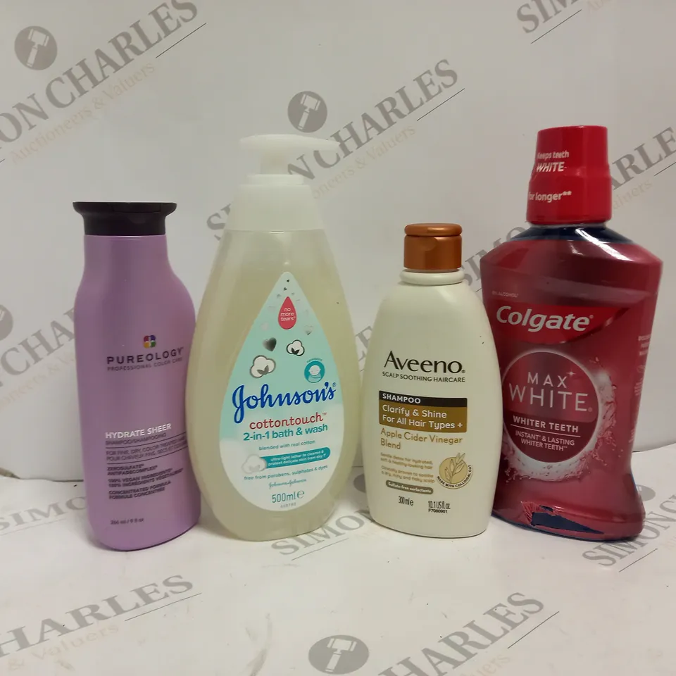 APPROXIMATELY 10 ASSORTED HEALTH AND BEAUTY PRODUCTS TO INCLUDE PUREOLOGY HYDRATE SHEER SHAMPOO, AVEENO SHAMPOO, JOHNSONS BATH & WASH