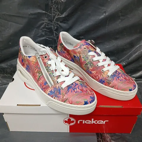 BOXED PAIR OF RIEKER MULTI COLOURED TRAINERS - SIZE 6