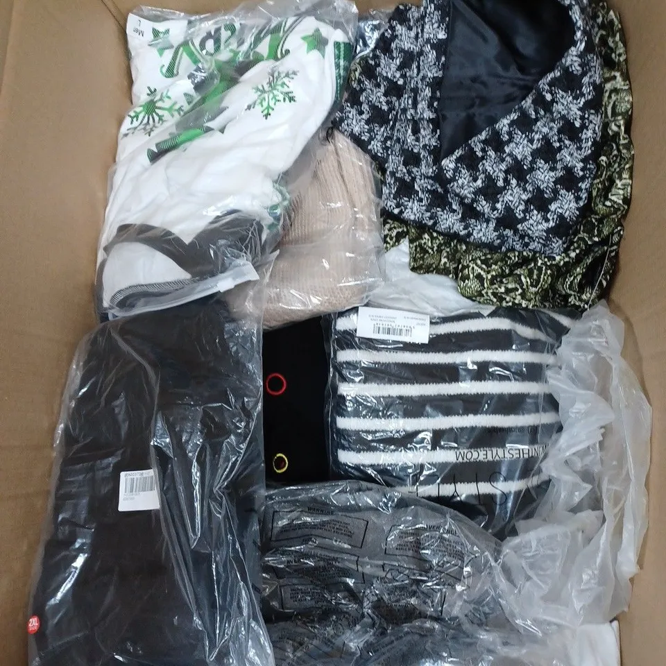 LARGE BOX OF ASSORTED CLOTHING ITEMS IN VARIOUS COLOURS AND SIZES INCLUDING TROUSERS , TOPS AND JUMPERS 