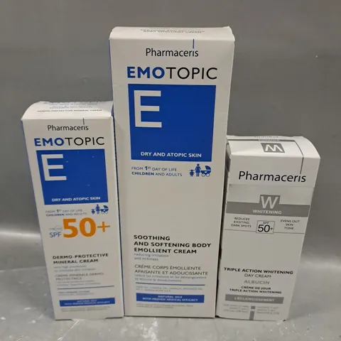 8 ASSORTED PHARMACERIS PRODUCTS TO INCLUDE EMOTOPIC DERMO-PROTECTIVE MINERAL CREAM, EMOTOPIC EMOLIENT & ALBUCIN-TRIPLE ACTION DAY CREAM