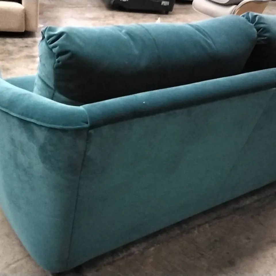 QUALITY BRITISH DESIGNER G PLAN MANUFACTURED NANCY SMALL SOFA - MATT VELVET TEAL FABRIC 