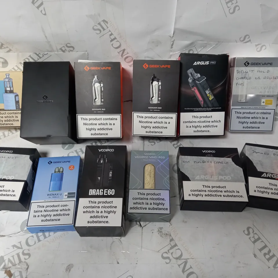 BOX OF APPROX 12 ASSORTED E-CIGARETTES TO INCLUDE - GEEK VAPE B60 - VOOPOO DRAG E60 - VOOPOO ARGUS PRO