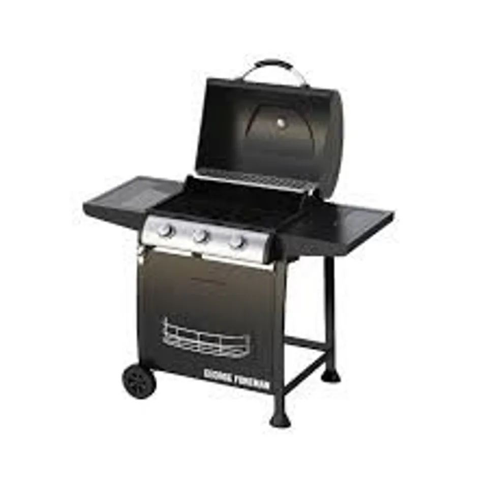BOXED GEORGE FOREMAN GFGBBQ3B-N, 3-BURNER GAS BBQ - BLACK