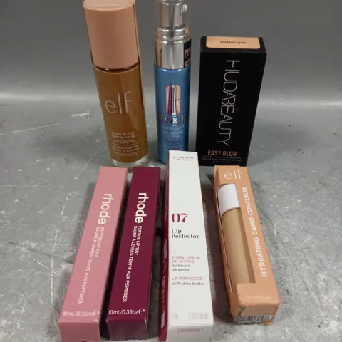 LOT OF 7 ASSORTED COSMETIC PRODUCTS TO INCLUDE - ELF HALOW GLOW LIQUID FILTER IN 5 MEDIUM TAN - ELF CAMO CONCEALER IN LIGHT IVORY - RHODE PEPTIDE LIP TINT - ETC