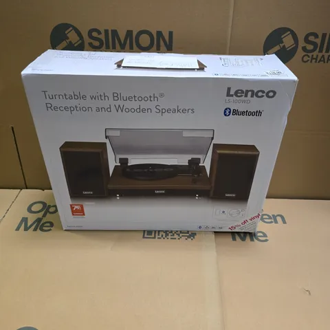 BOXED LENCO LS-100WD BELT DRIVE TURNTABLE WITH WOODEN SPEAKERS