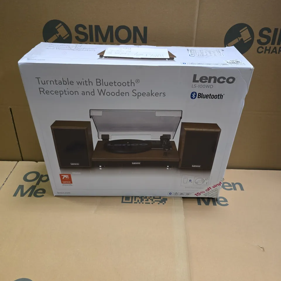 BOXED LENCO LS-100WD BELT DRIVE TURNTABLE WITH WOODEN SPEAKERS