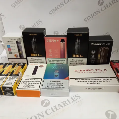 BOX OF APPROXIMATELY 35 ASSORTED VAPING KITS & DISPOSABLE VAPES IN VARIOUS FLAVOURS & BRANDS TO INCLUDE VOO-POO, VAPORESSO, XLIM ETC