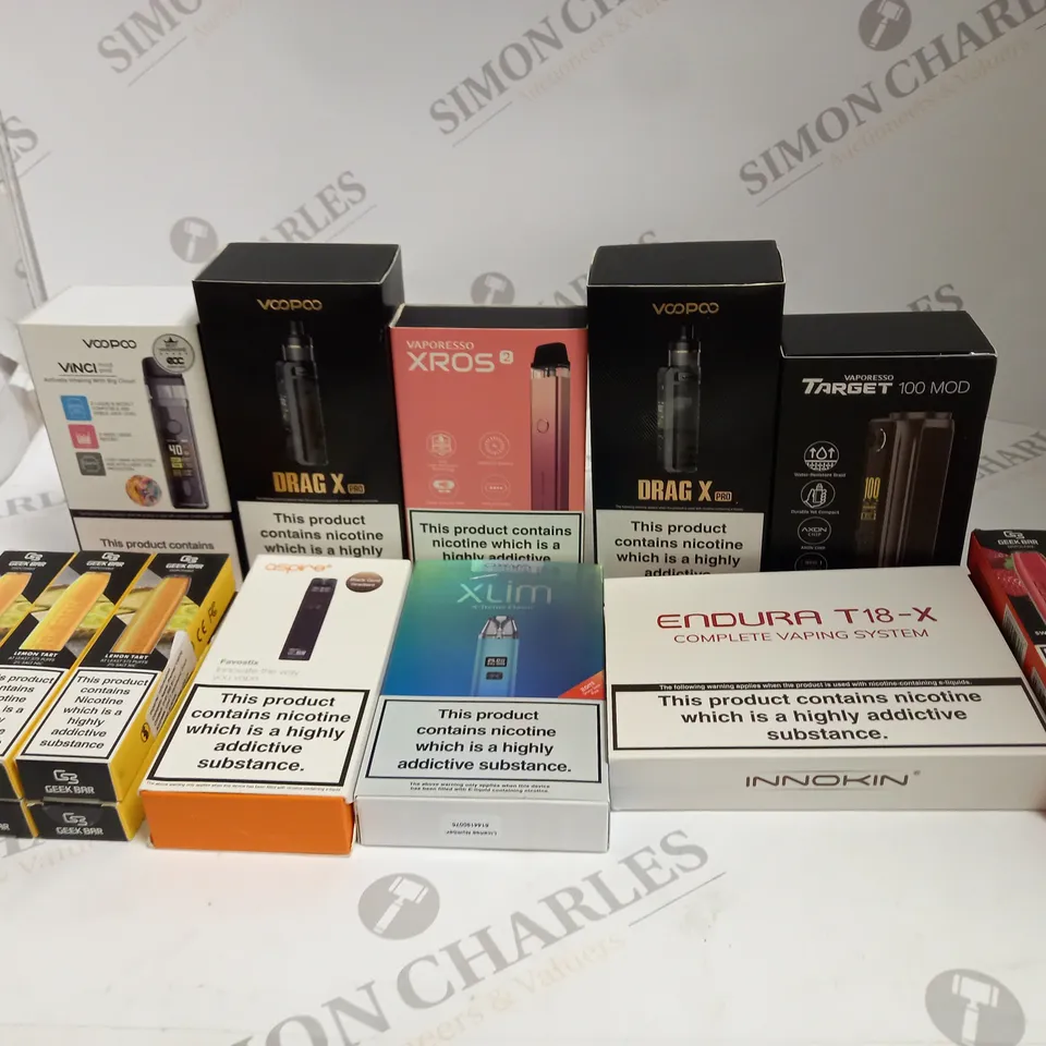 BOX OF APPROXIMATELY 35 ASSORTED VAPING KITS & DISPOSABLE VAPES IN VARIOUS FLAVOURS & BRANDS TO INCLUDE VOO-POO, VAPORESSO, XLIM ETC 