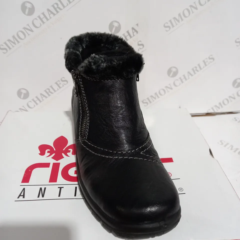 BOXED RIEKER ANTISTRESS BLACK FUR CUFFED ANKLE BOOTS - SIZE 6