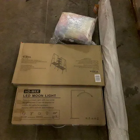 PALLET OF ASSORTED PRODUCTS INCLUDING AREA RUG, LED MOON LIGHT, METAL CLOTHES RACK WITH SHOE STORAGE, SOFT RUG