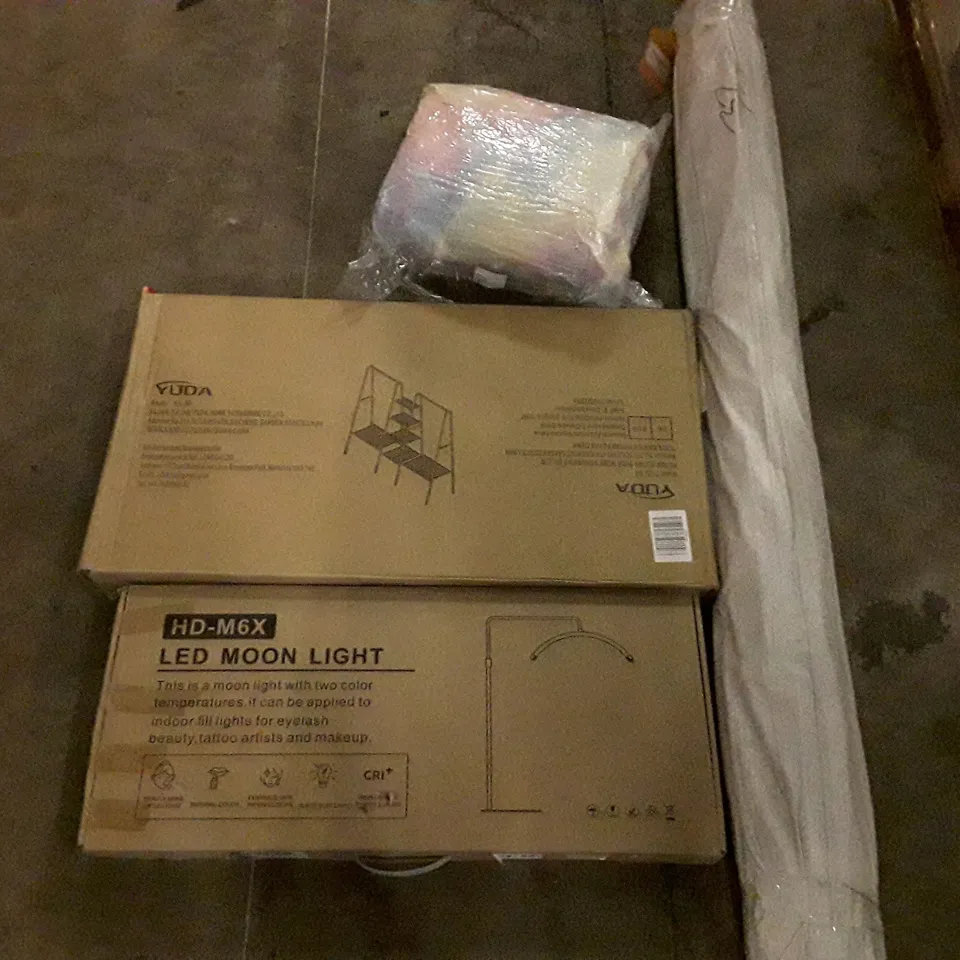 PALLET OF ASSORTED PRODUCTS INCLUDING AREA RUG, LED MOON LIGHT, METAL CLOTHES RACK WITH SHOE STORAGE, SOFT RUG