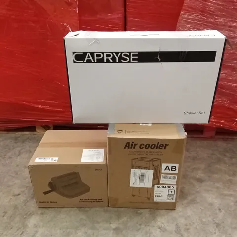 PALLET OF ASSORTED HOUSEHOLD GOODS AND PRODUCTS TO INCLUDE; DIE CUTTING AND EMBOSSING MACHINE, AIR COOLER, SHOWER SET ETC
