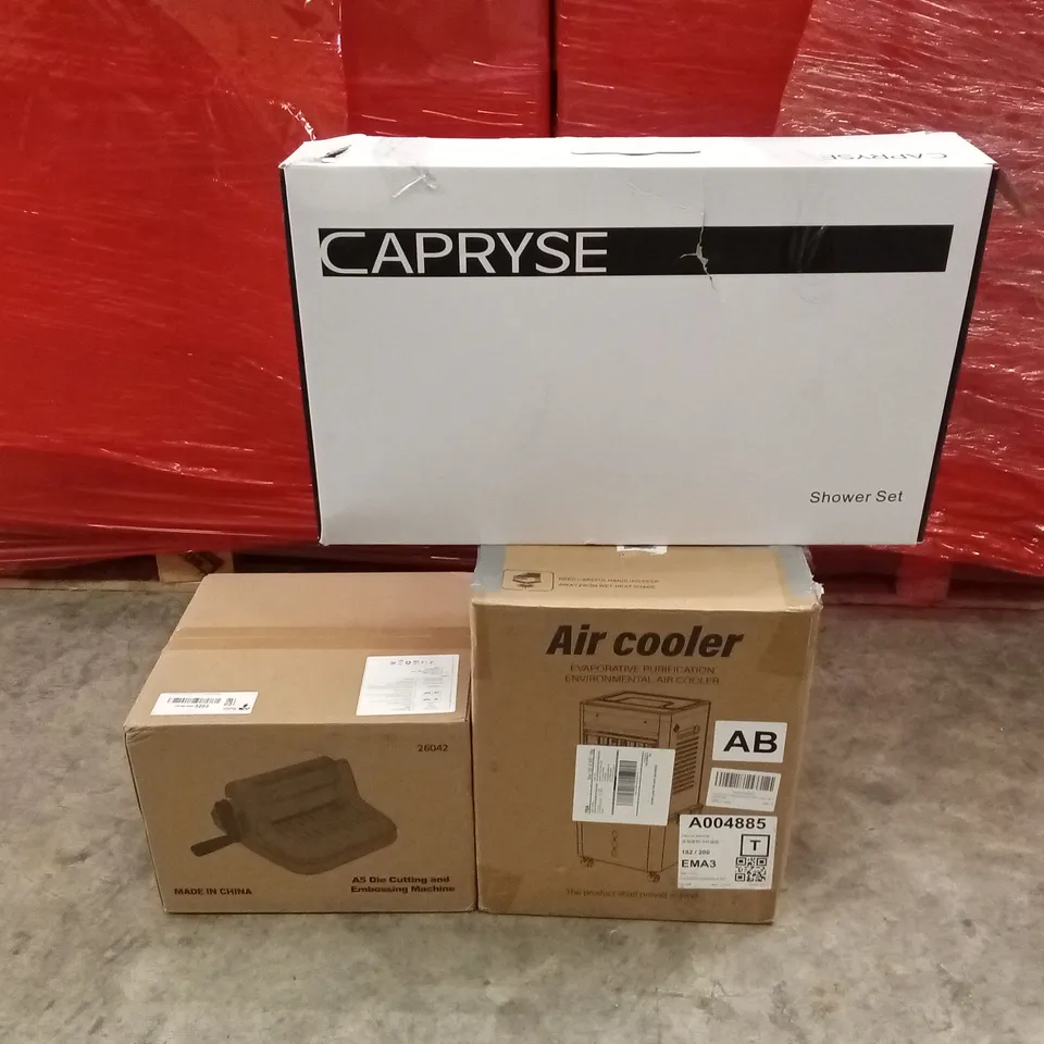 PALLET OF ASSORTED HOUSEHOLD GOODS AND PRODUCTS TO INCLUDE; DIE CUTTING AND EMBOSSING MACHINE, AIR COOLER, SHOWER SET ETC