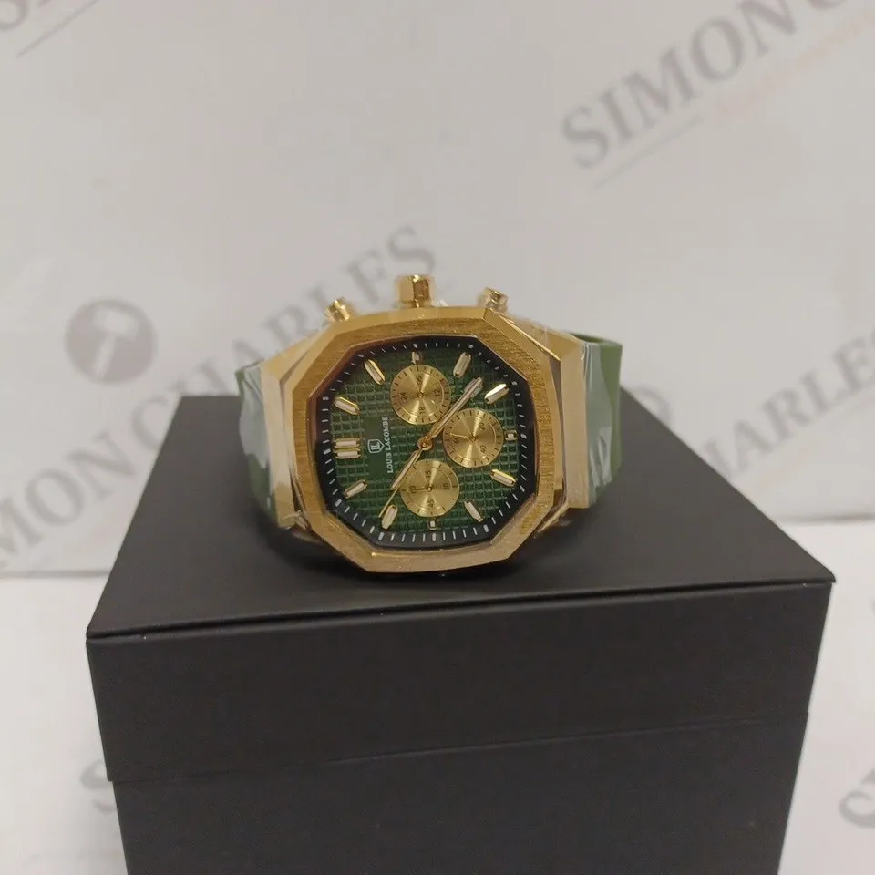 LOUIS LACOMBE MENS CHRONOGRAPH WATCH - YELLOW GOLD COLOURED BEZEL AND CASE - GREEN RUBBER STRAP - 3ATM WATER RESISTANT - DISPLAY BOX