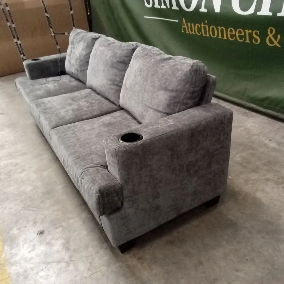HOMCOM 3 SEATER FABRIC SOFA WITH USB PORTS AND CUP HOLDERS - GREY