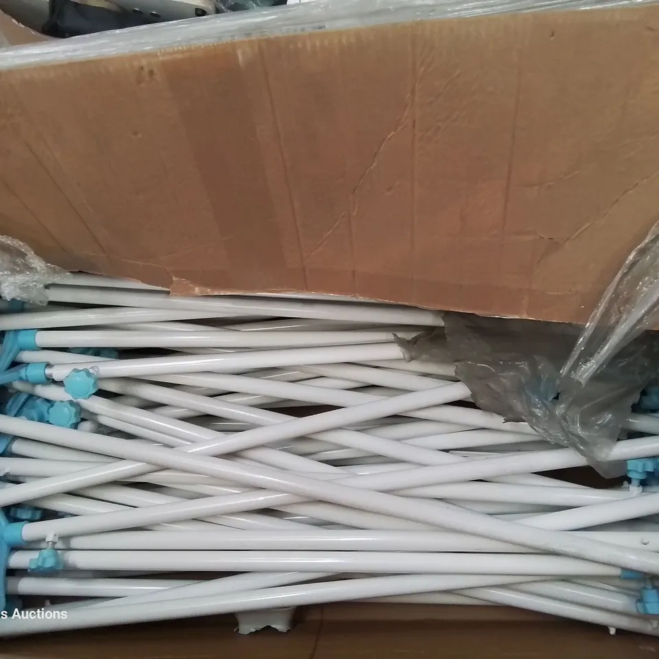 PALLET CONTAINING APPROXIMATELY 150 PLASTIC DOUBLE HANGING POLES, CHROME HANGING POLES,