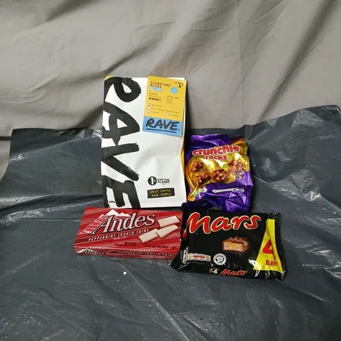 APPROXIMATELY 18 ASSORTED FOOD AND DRINK ITEMS TO INCLUDE RAVE COFFEE, CRUNCHIE ROCKS, MARS, PEPPERMINT THINS ETC