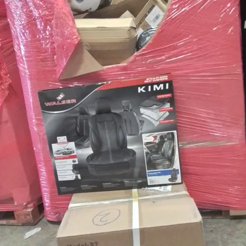 PALLET CONTAINING VARIOUS ASSORTED BOXED HOUSEHOLD ITEMS TO INCLUDE: CAR SEAT CUSHIONS, ELECTRIC FRYER, YOGA MATS AND LOTS MORE UNMARKED BOXED ITEMS 