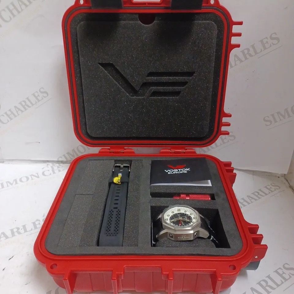 BOXED VOSTOK WATCH - STAINLESS STEEL FACE - SKELETON BACK - LEATHER STRAP, RUBBER STRAP - TRIGALIGHT H3 ILLUMINATION. 