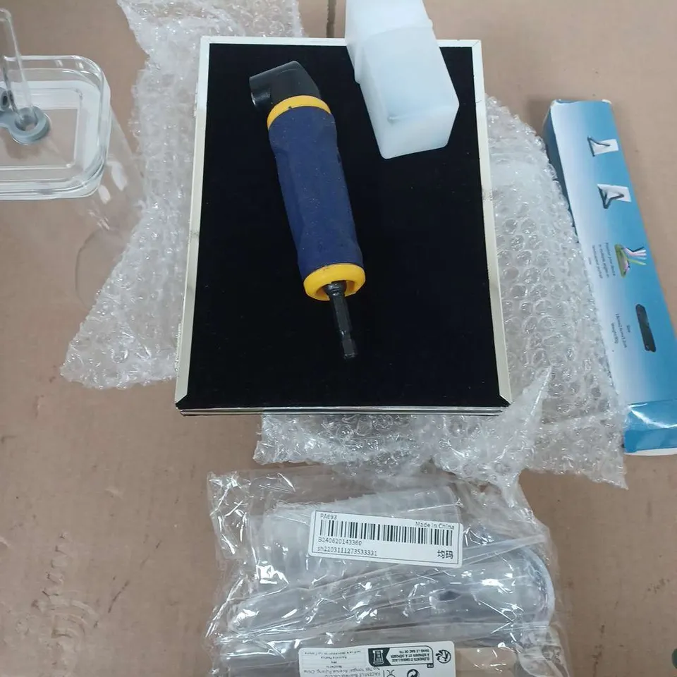 BOX OF ASSORTED HOUSE HOLD ITEMS TO INCLUDE - TOOLS - CUPS AND STRAWS - PICTURE FRAME 